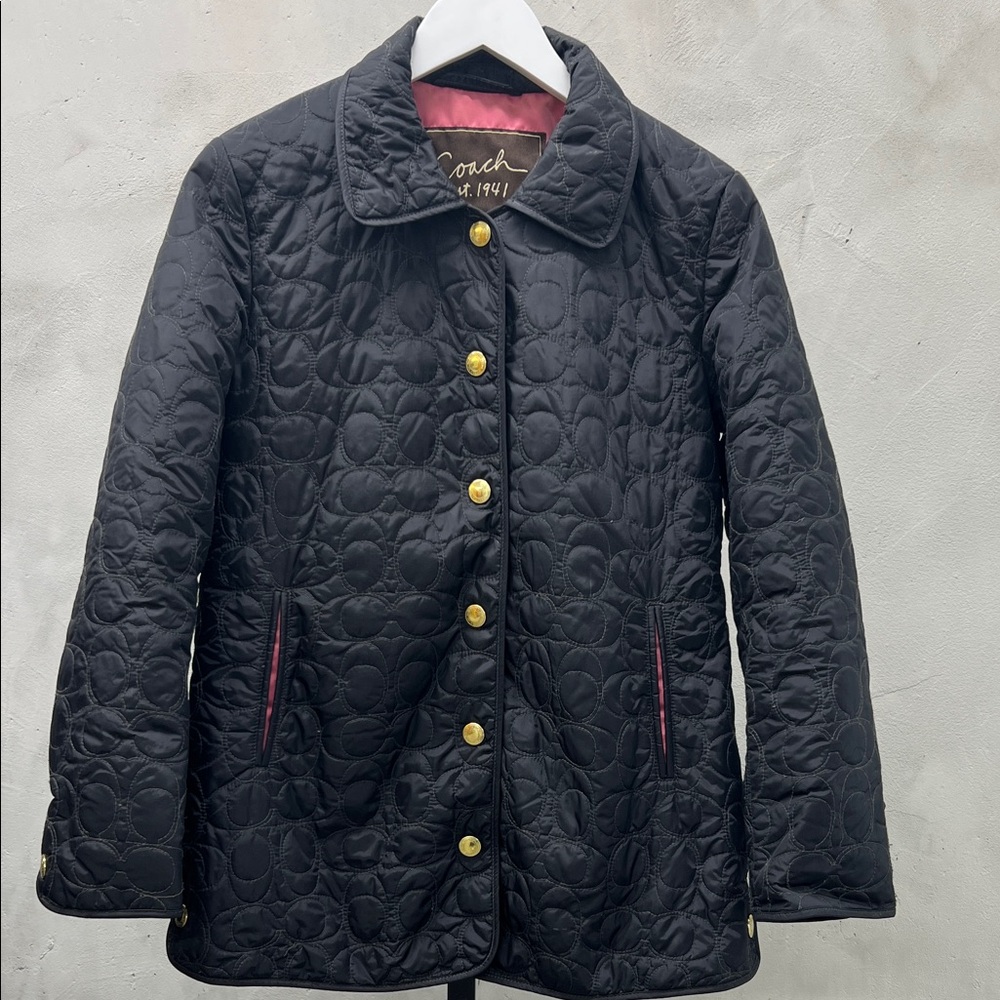 Coach Black Quilted Monogrammed Jacket with Gold Accents